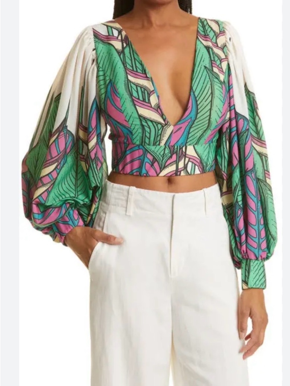 Kimberly Goldson Liyah Tropical Print Crop Blouse